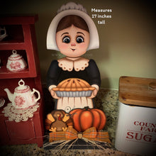 Load image into Gallery viewer, Thanksgiving Pilgrim and Turkey decor, fall shelf sitter, Fall Countertop decor, Thanksgiving centerpiece, girl Pilgrim, Turkey, Pumpkin pie
