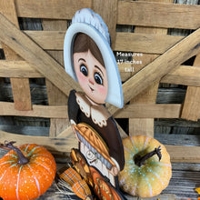 Load image into Gallery viewer, Thanksgiving Pilgrim and Turkey decor, fall shelf sitter, Fall Countertop decor, Thanksgiving centerpiece, girl Pilgrim, Turkey, Pumpkin pie
