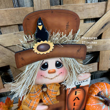 Load image into Gallery viewer, Fall Scarecrow decoration, Pumpkin and Scarecrow porch decor, Autumn Pumpkin arrangement for entry way, Halloween, Farmhouse, Thanksgiving
