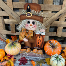 Load image into Gallery viewer, Fall Scarecrow decoration, Pumpkin and Scarecrow porch decor, Autumn Pumpkin arrangement for entry way, Halloween, Farmhouse, Thanksgiving
