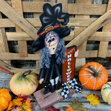Load image into Gallery viewer, Fall Halloween decoration, Witch and black cat decor, fall kitchen countertop, mantle, Wooden Witch sign shelf sitter, witch hat arrangement
