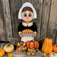 Load image into Gallery viewer, Thanksgiving decoration, Pilgrim and Turkey for entryway decor, Autumn arrangement, Fall centerpiece, pumpkin pie decor, Give Thanks sign
