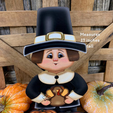 Load image into Gallery viewer, Thanksgiving Pilgrim and Turkey decor, fall shelf sitter, Fall Countertop decor, Thanksgiving centerpiece, Turkey and Pumpkin table floral
