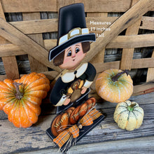 Load image into Gallery viewer, Thanksgiving Pilgrim and Turkey decor, fall shelf sitter, Fall Countertop decor, Thanksgiving centerpiece, Turkey and Pumpkin table floral
