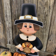Load image into Gallery viewer, Thanksgiving decoration, Pilgrim and Turkey for entryway decor, Autumn arrangement, Fall centerpiece, pumpkin decor, Happy Thanksgiving sign
