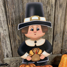 Load image into Gallery viewer, Thanksgiving decoration, Pilgrim and Turkey for entryway decor, Autumn arrangement, Fall centerpiece, pumpkin decor, Happy Thanksgiving sign
