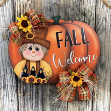 Load image into Gallery viewer, Scarecrow Fall door hanger, pumpkin door sign, Thanksgiving wreath, Halloween, Pumpkin and sunflowers porch sign, Scarecrow and crows decor
