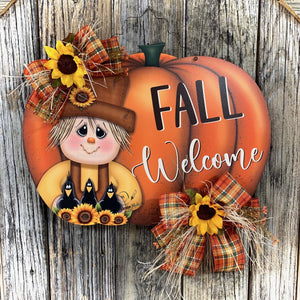 Scarecrow Fall door hanger, pumpkin door sign, Thanksgiving wreath, Halloween, Pumpkin and sunflowers porch sign, Scarecrow and crows decor
