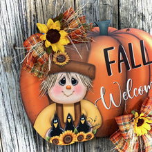 Load image into Gallery viewer, Scarecrow Fall door hanger, pumpkin door sign, Thanksgiving wreath, Halloween, Pumpkin and sunflowers porch sign, Scarecrow and crows decor
