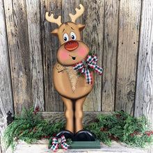 Load image into Gallery viewer, Christmas Reindeer decoration, Large Reindeer, Rudolph and Santa decor, Wooden Reindeer with stand, Farmhouse Christmas Porch decoration,
