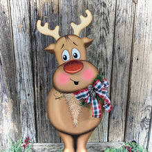 Load image into Gallery viewer, Christmas Reindeer decoration, Large Reindeer, Rudolph and Santa decor, Wooden Reindeer with stand, Farmhouse Christmas Porch decoration,
