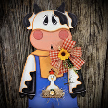 Load image into Gallery viewer, Farmhouse cow door hanger, Cow decoration, Wooden Cow sign, Cow door hanger, Farmhouse wall decor, Bovine decor, Farm Cow wreath attachment

