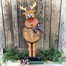 Load image into Gallery viewer, Christmas Reindeer decoration, Large Reindeer, Rudolph and Santa decor, Wooden Reindeer with stand, Farmhouse Christmas Porch decoration,
