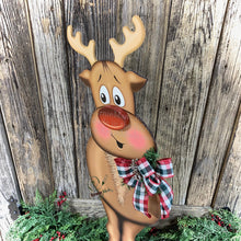 Load image into Gallery viewer, Christmas Reindeer decoration, Large Reindeer, Rudolph and Santa decor, Wooden Reindeer with stand, Farmhouse Christmas Porch decoration,
