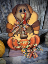 Load image into Gallery viewer, Thanksgiving centerpiece, Turkey decoration, table, mantle, shelf, porch fall decor, Wooden Pilgrim Turkey, Autumn floral table arrangement
