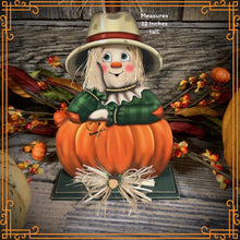 Load image into Gallery viewer, Fall Scarecrow decoration, tier tray, kitchen island fall arrangement, riser decor, wooden shelf sitter, Halloween, Farmhouse, Thanksgiving
