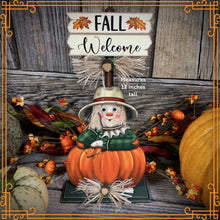 Load image into Gallery viewer, Fall Scarecrow decoration, tier tray, kitchen island fall arrangement, riser decor, wooden shelf sitter, Halloween, Farmhouse, Thanksgiving
