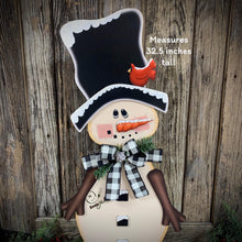 Load image into Gallery viewer, Snowman decoration, Snowman centerpiece, Holiday Winter Decor, Large wooden Snowman with stand, Christmas porch decor, Primitive snowman,
