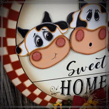 Load image into Gallery viewer, Front door hanger, Farmhouse cow door decor, Wood round, shiplap decor, Housewarming gift, Cow wreath, Cow decor, Farm door sign with cows
