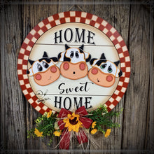 Load image into Gallery viewer, Front door hanger, Farmhouse cow door decor, Wood round, shiplap decor, Housewarming gift, Cow wreath, Cow decor, Farm door sign with cows
