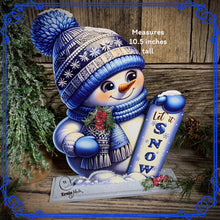 Load image into Gallery viewer, Snowman decoration, Shelf sitter Snowman, Blue and Silver Christmas decor, Winter tiered tray decor, let it snow sign, Wooden Snowman decor
