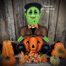 Load image into Gallery viewer, Halloween decoration, Frankenstein, cute Monster, candy corn, fall porch decor, wood jack-o-lantern pumpkin, fall floral Pumpkin arrangement
