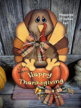 Load image into Gallery viewer, Thanksgiving centerpiece, Turkey decoration, table, mantle, shelf, porch fall decor, Wooden Pilgrim Turkey, Autumn floral table arrangement
