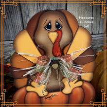 Load image into Gallery viewer, Thanksgiving decoration, Turkey and pumpkin, Autumn floral arrangement for table, shelf, Fall mantle decor Tiered tray, cute wooden Turkey
