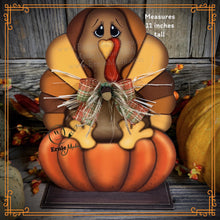 Load image into Gallery viewer, Thanksgiving decoration, Turkey and pumpkin, Autumn floral arrangement for table, shelf, Fall mantle decor Tiered tray, cute wooden Turkey
