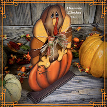 Load image into Gallery viewer, Thanksgiving decoration, Turkey and pumpkin, Autumn floral arrangement for table, shelf, Fall mantle decor Tiered tray, cute wooden Turkey
