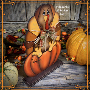 Thanksgiving decoration, Turkey and pumpkin, Autumn floral arrangement for table, shelf, Fall mantle decor Tiered tray, cute wooden Turkey