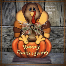 Load image into Gallery viewer, Thanksgiving decoration, Turkey and pumpkin, Autumn floral arrangement for table, shelf, Fall mantle decor Tiered tray, cute wooden Turkey
