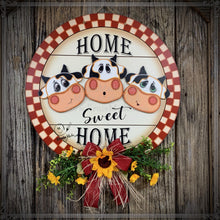 Load image into Gallery viewer, Cow door hanger, Farmhouse front door wreath, Country Farm decoration, cowgirl decor, funny wooden sign with cow heard, Sunflowers and cows

