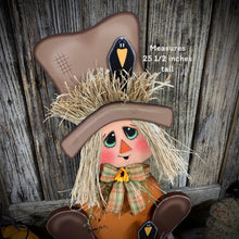 Load image into Gallery viewer, Scarecrow, sitting scarecrow, fall centerpiece, Halloween, porch decor, Wooden Scarecrow with base, Primitive Scarecrow, Thanksgiving decor
