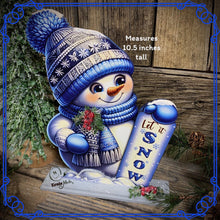 Load image into Gallery viewer, Snowman decoration, Shelf sitter Snowman, Blue and Silver Christmas decor, Winter tiered tray decor, let it snow sign, Wooden Snowman decor
