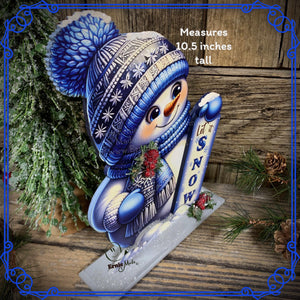 Snowman decoration, Shelf sitter Snowman, Blue and Silver Christmas decor, Winter tiered tray decor, let it snow sign, Wooden Snowman decor