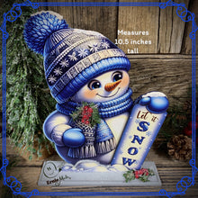 Load image into Gallery viewer, Snowman decoration, Shelf sitter Snowman, Blue and Silver Christmas decor, Winter tiered tray decor, let it snow sign, Wooden Snowman decor
