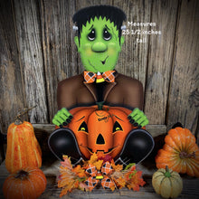 Load image into Gallery viewer, Halloween decoration, Frankenstein, cute Monster, candy corn, fall porch decor, wood jack-o-lantern pumpkin, fall floral Pumpkin arrangement
