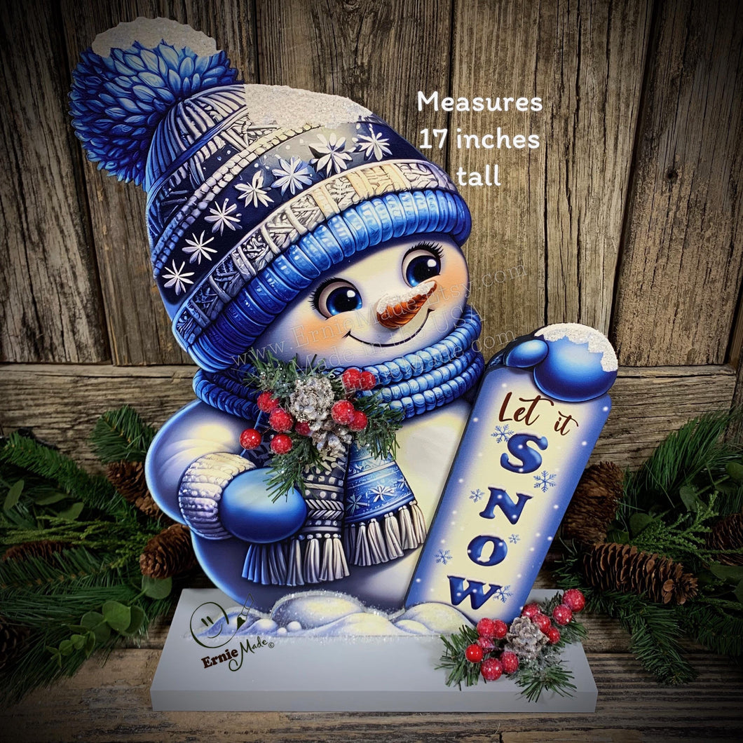 Snowman decoration, Shelf sitter Snowman, Blue and Silver Christmas decor, Winter tiered tray decor, let it snow sign, Wooden Snowman decor