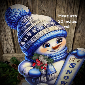 Snowman decoration, Shelf sitter Snowman, Blue and Silver Christmas decor, Winter tiered tray decor, let it snow sign, Wooden Snowman decor
