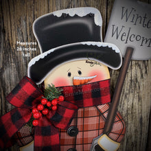 Load image into Gallery viewer, Snowman door hanger, Christmas door hanger, Winter porch decor, Wood Christmas decor, primitive snowman boots, snowman wreath for front door
