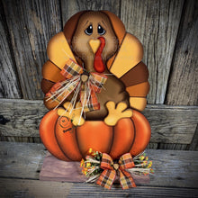 Load image into Gallery viewer, Thanksgiving centerpiece, Turkey decoration, table, mantle, shelf, porch fall decor, Wooden Pilgrim Turkey, Autumn floral table arrangement
