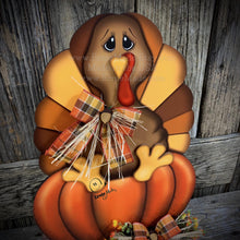 Load image into Gallery viewer, Thanksgiving centerpiece, Turkey decoration, table, mantle, shelf, porch fall decor, Wooden Pilgrim Turkey, Autumn floral table arrangement

