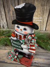 Load image into Gallery viewer, Snowman decoration, Shelf sitter Snowman, Christmas tiered tray decor, Winter tiered tray sitter, Christmas decoration, Wooden Snowman decor
