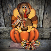 Load image into Gallery viewer, Thanksgiving centerpiece, Turkey decoration, table, mantle, shelf, porch fall decor, Wooden Pilgrim Turkey, Autumn floral table arrangement
