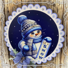 Load image into Gallery viewer, Snowman door hanger, Winter door hanger, Snowman wreath, Wooden Snowman decor, blue and silver winter sign, Christmas decoration for door
