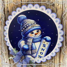 Load image into Gallery viewer, Snowman door hanger, Winter door hanger, Snowman wreath, Wooden Snowman decor, blue and silver winter sign, Christmas decoration for door
