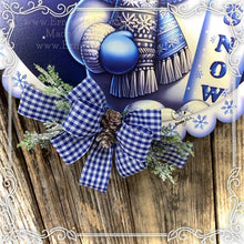 Load image into Gallery viewer, Snowman door hanger, Winter door hanger, Snowman wreath, Wooden Snowman decor, blue and silver winter sign, Christmas decoration for door

