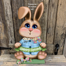 Load image into Gallery viewer, Spring Decoration, Easter Bunny centerpiece, Vintage Easter Rabbit, Farmhouse decor wooden Bunny with Easter sign, Bunny holding Spring sign
