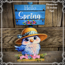 Load image into Gallery viewer, Spring Decoration, Easter blue bird decoration, Tiered tray decor, wooden blue bird with hello spring sign, cute Easter floral and blue bird
